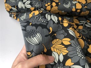 Fastvævet twill med stræk - blågrå blomster og gule blade